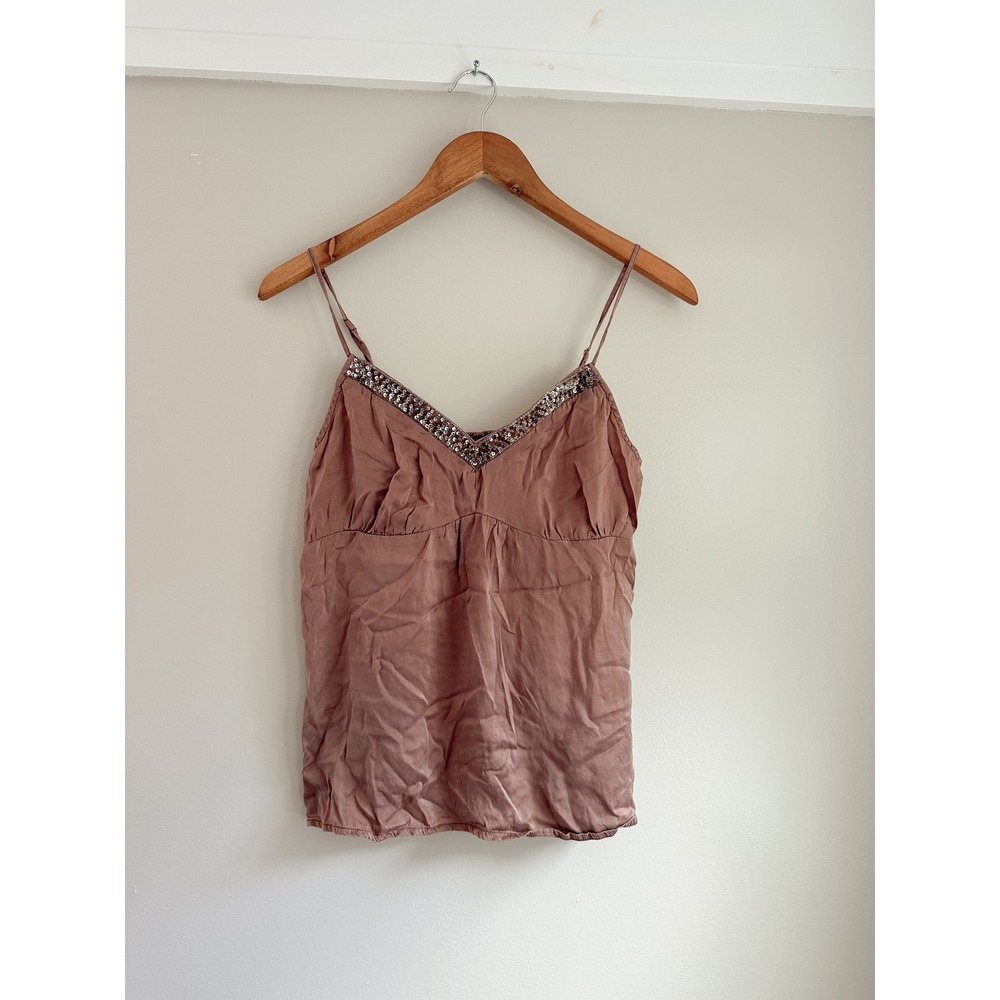 Jimmy'z Surf Co Silk Camisole Women L Light Brrown Sequin V-Neck Boho Chic Top